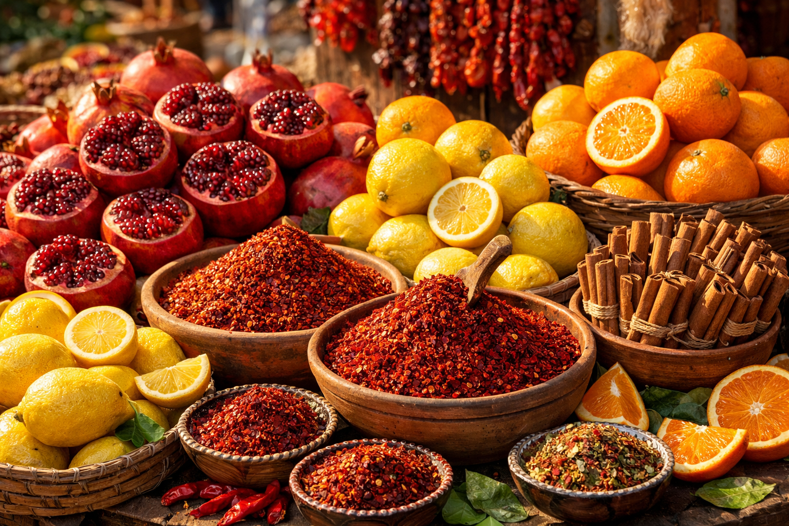 Akdeniz baharat tezgahlari, renkli pul biber, sumak ve kimyon cesitleri