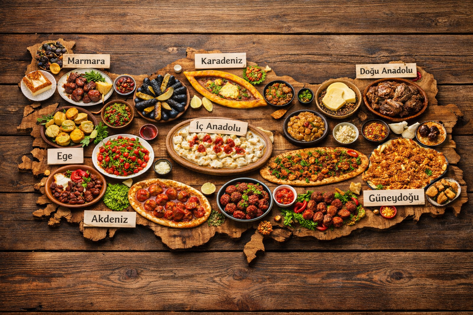 Turkiye haritasi uzerinde bolgesel lezzetlerin gosterimi