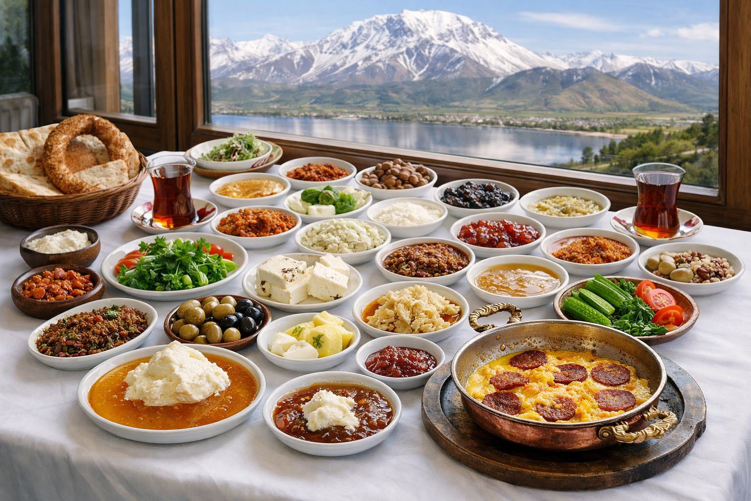 Dogu Anadolu geleneksel kahvalti sofrasi, otlu peynir, bal, kaymak ve taze ekmek