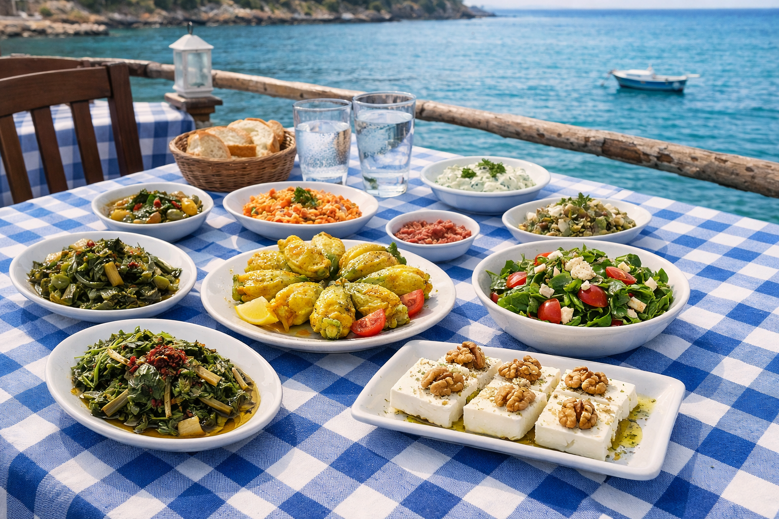 Ege otlari ve zeytinyagli mezelerin sunuldugu geleneksel sofra gorunumu