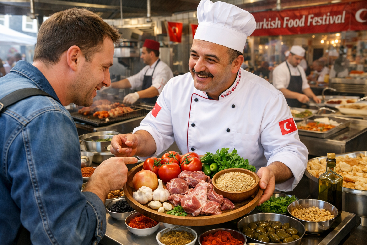 Festival standinda saticiyla iletisim kurarak yemek icerigi hakkinda bilgi alma