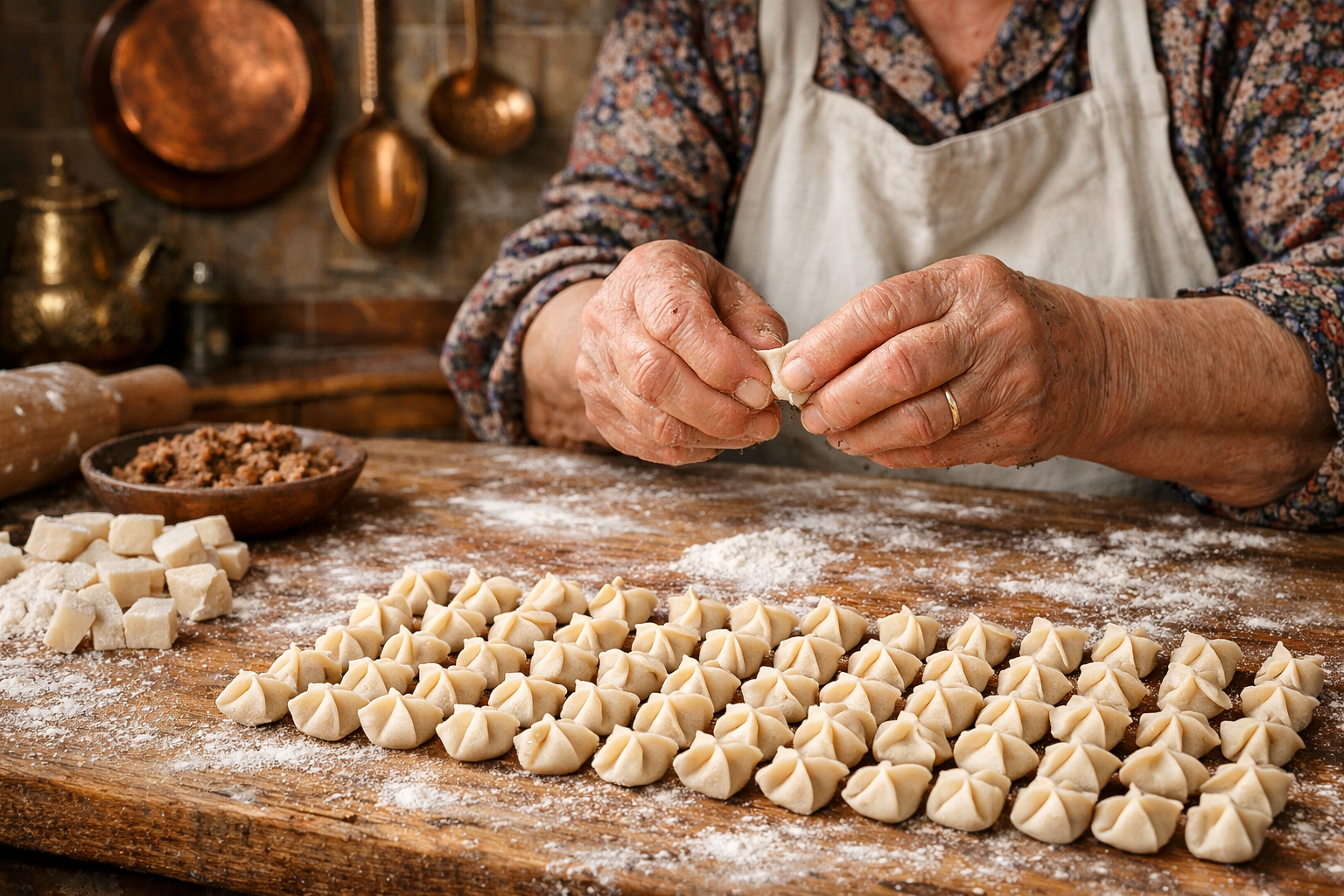 Geleneksel Kayseri mantisi, el yapimi kucuk mantilarin yogurtlu servis sunumu