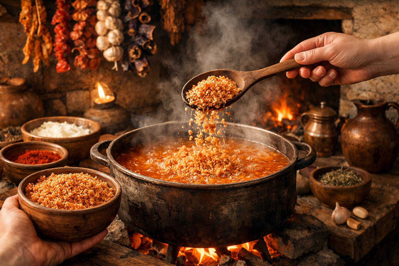 Geleneksel tarhana hazirligi, kurutulmus sebzeler ve saklanmis kis erzaklari