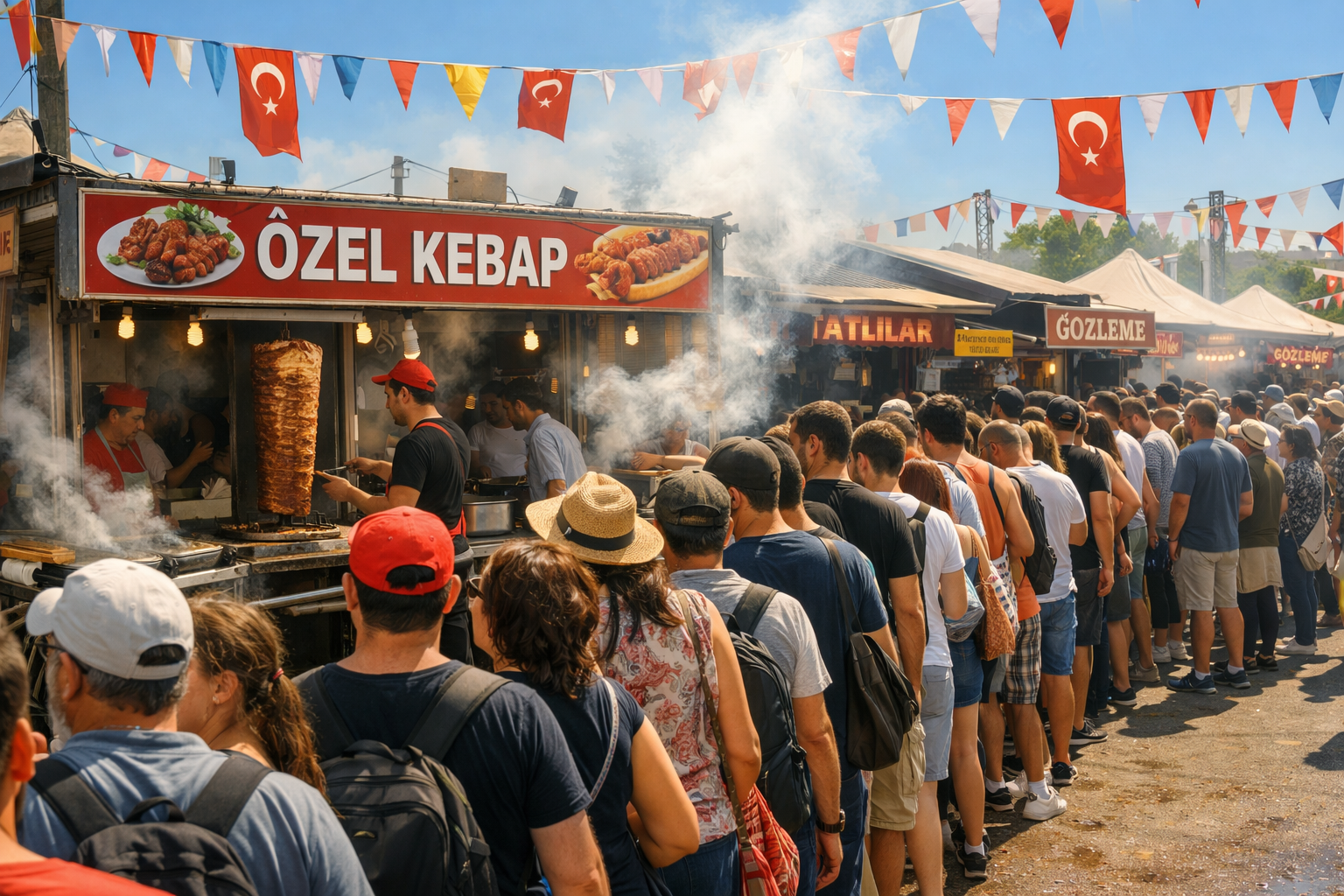 Gastronomi festivalinde yogun kalabalik arasinda stant siralari