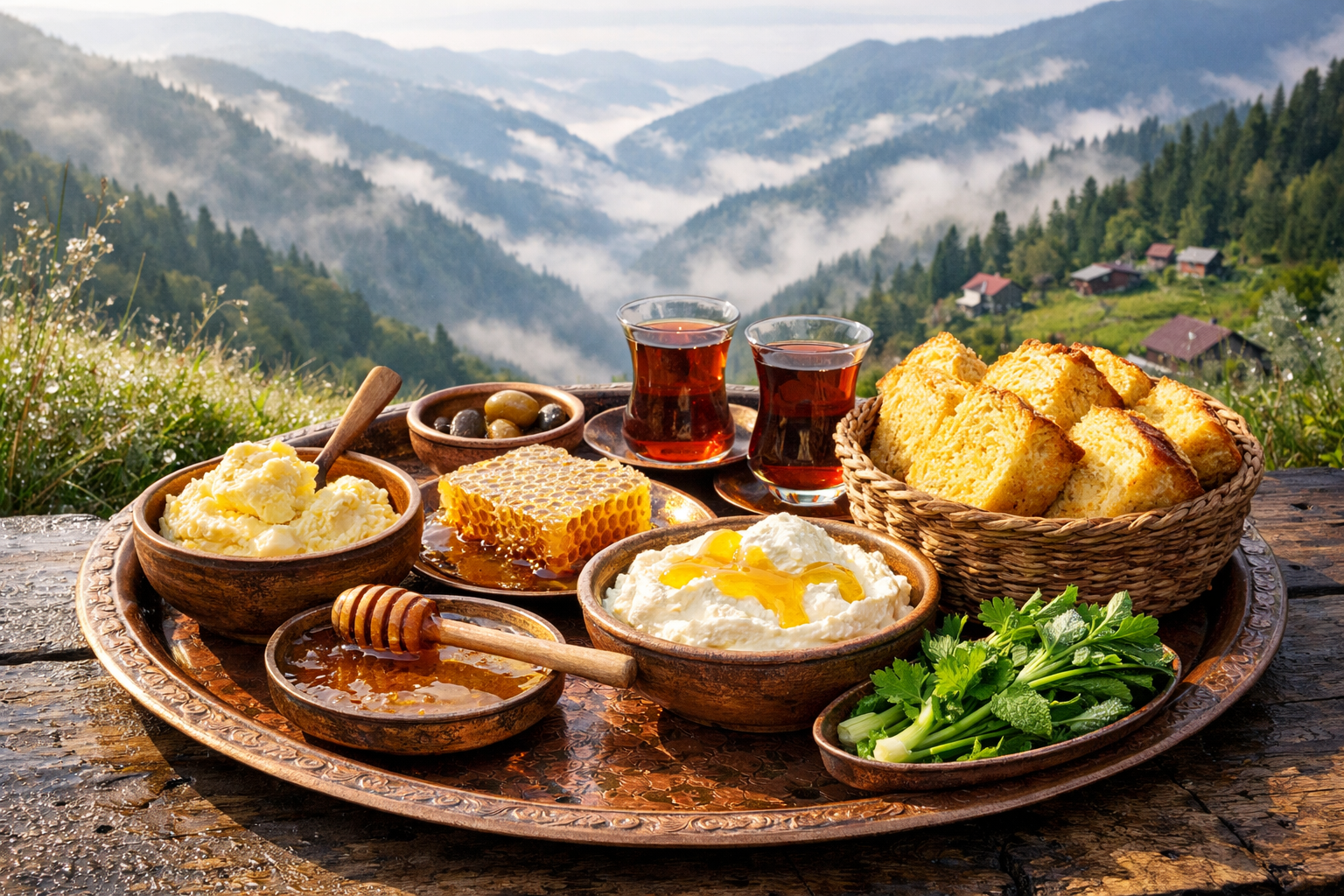 Karadeniz yaylalarinda geleneksel yayla sofrasi ve dag manzarasi