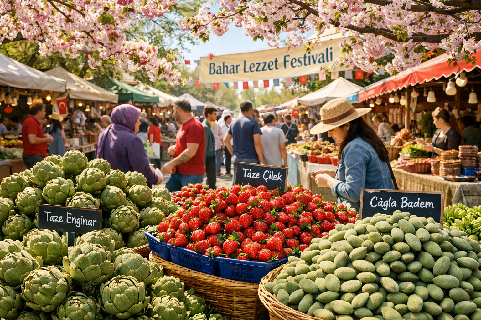 Ilkbahar mevsiminde taze yesil sebzeler, enginar ve bahar otlari
