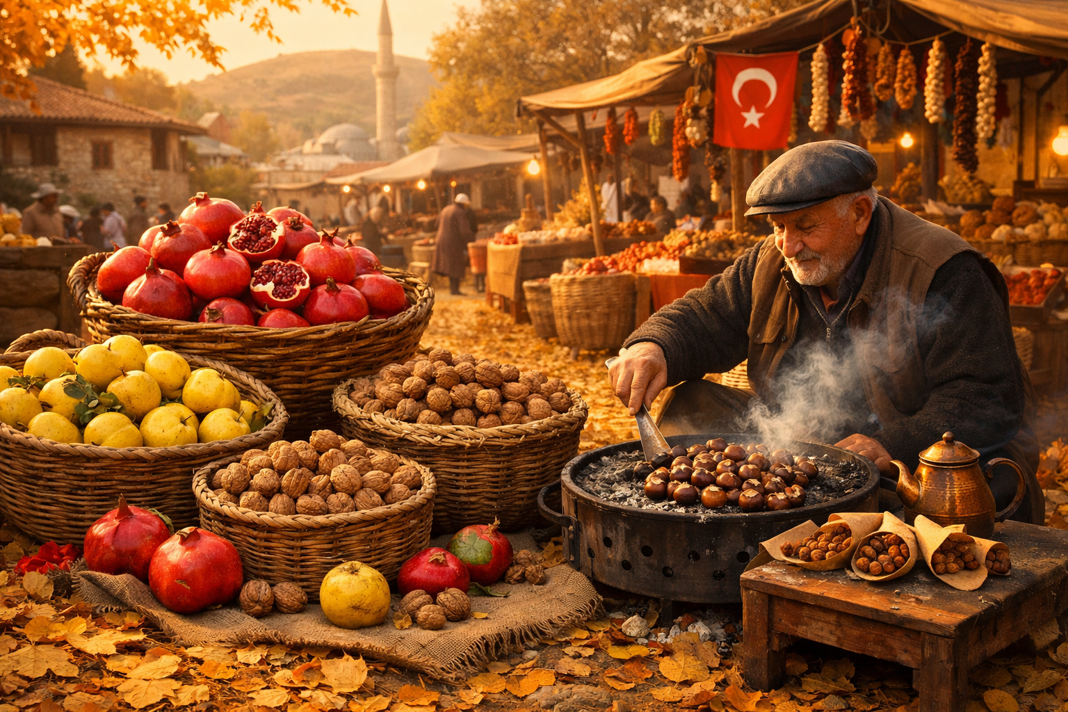 Sonbahar hasat donemi, olgun nar, uzum ve mevsim meyveleri