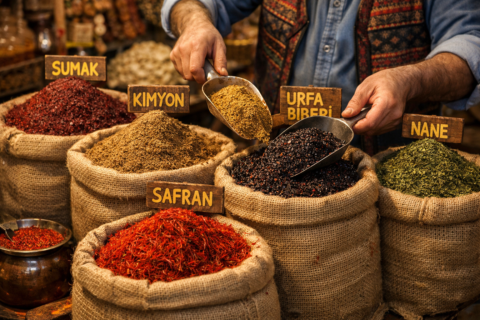 Rengarenk baharatlarin sergilendigi bir pazar tezgahi