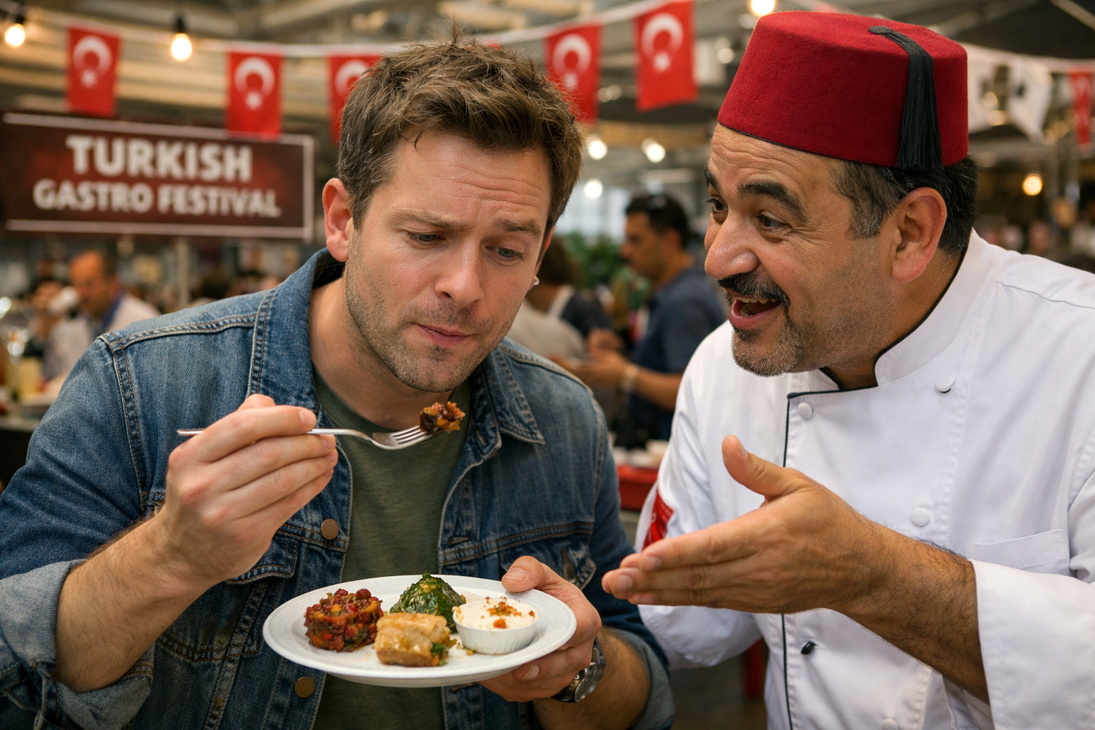 Festival ziyaretcisi ilk kez denedigi bir yemegi tadiiyor